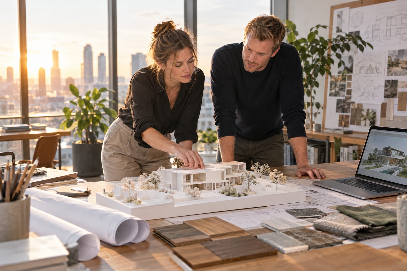 Two architects reviewing a white scale model of a modern house beside drawings, timber samples and a laptop render in a sunlit studio