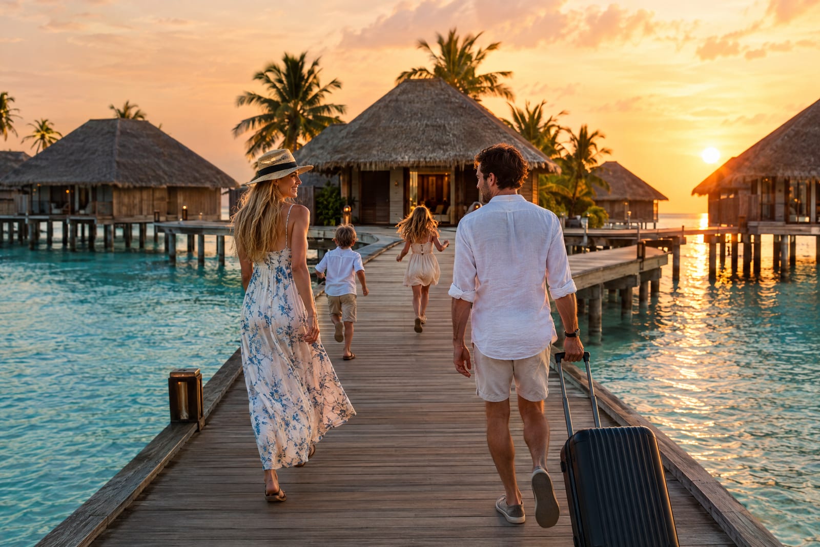 Family with a suitcase walking along a wooden jetty towards thatched overwater villas on a turquoise lagoon at sunset