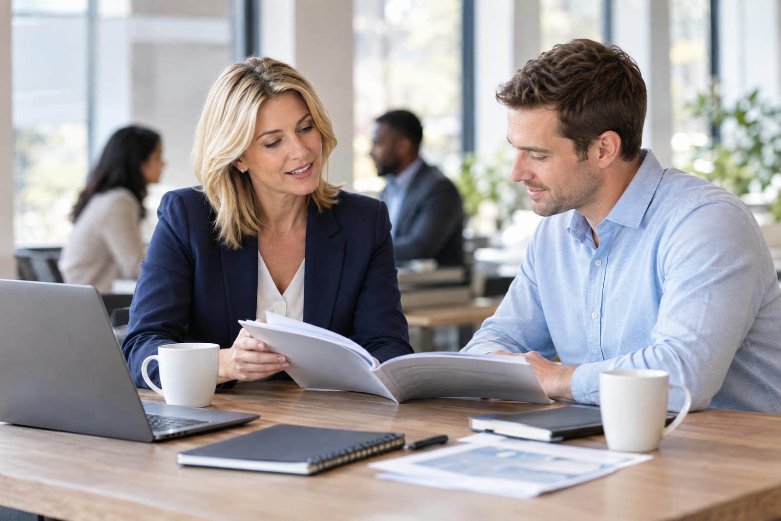 HR consultant reviewing an employee handbook with a business owner across a table in a bright office