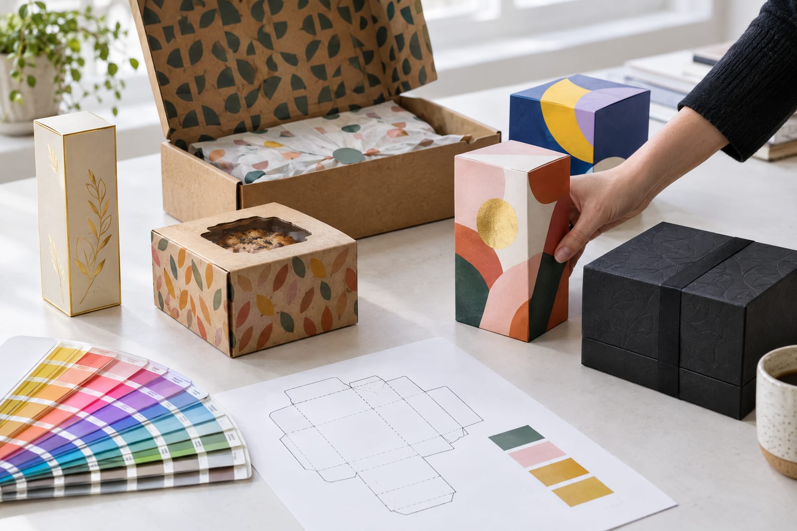 Custom printed retail boxes, a patterned mailer box and a colour swatch fan on a studio table