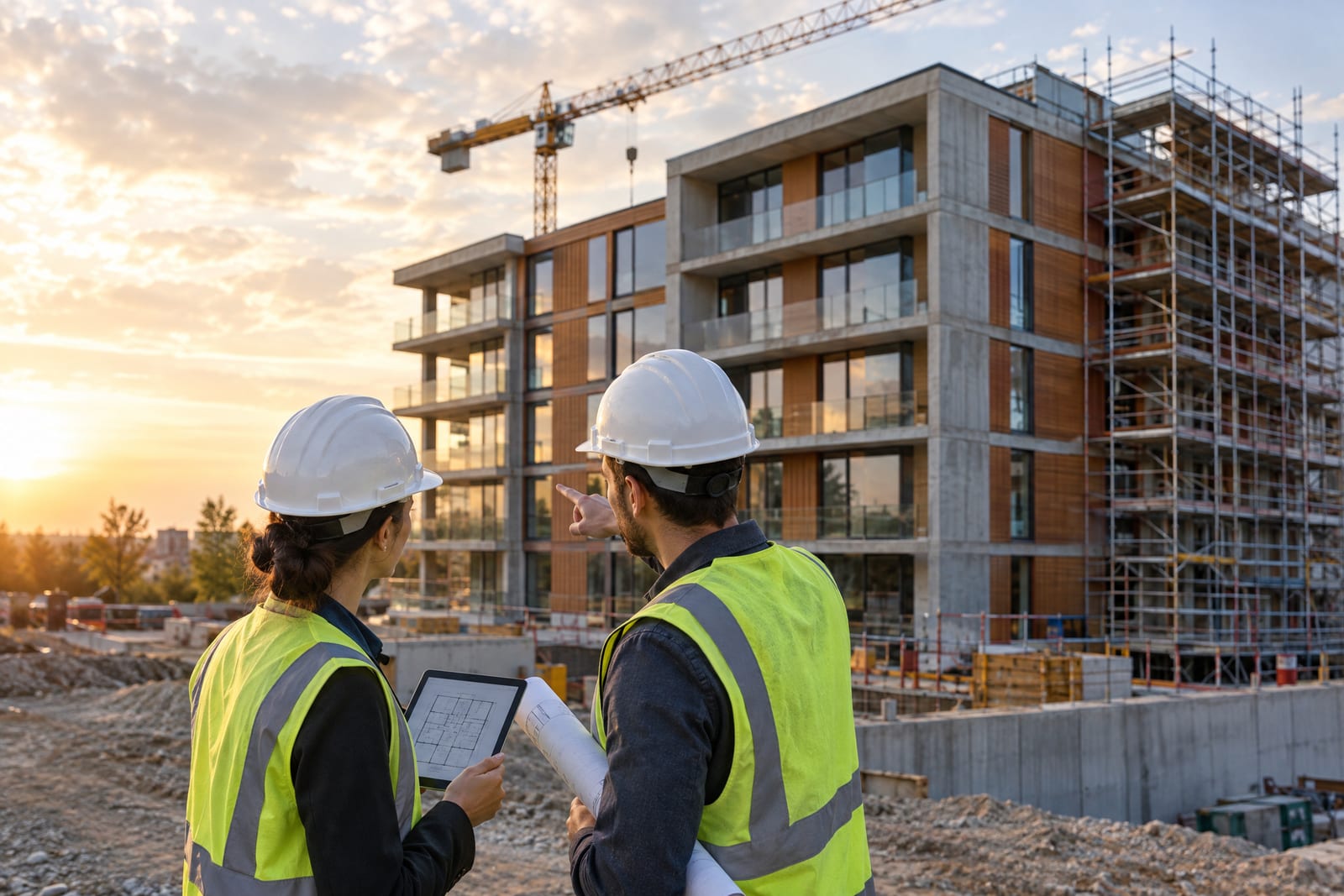 Architect and site engineer in hard hats reviewing plans in front of a residential building under construction